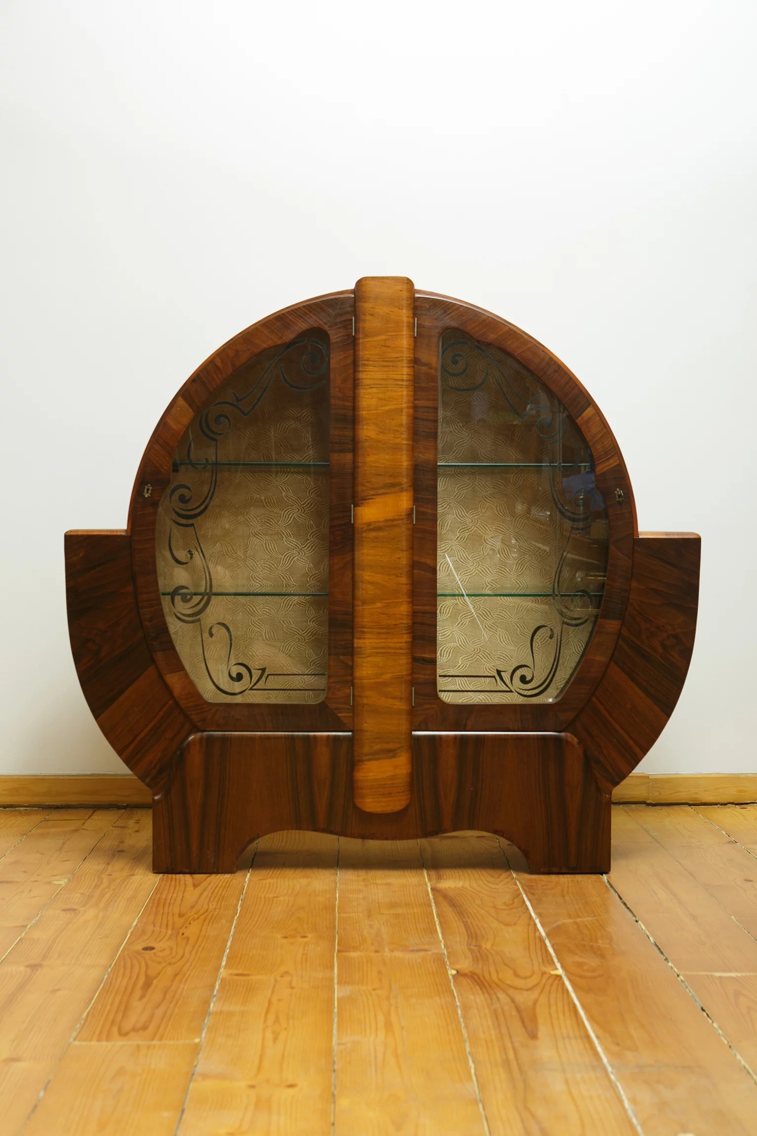 1930s Art Deco walnut veneer circular display cabinet