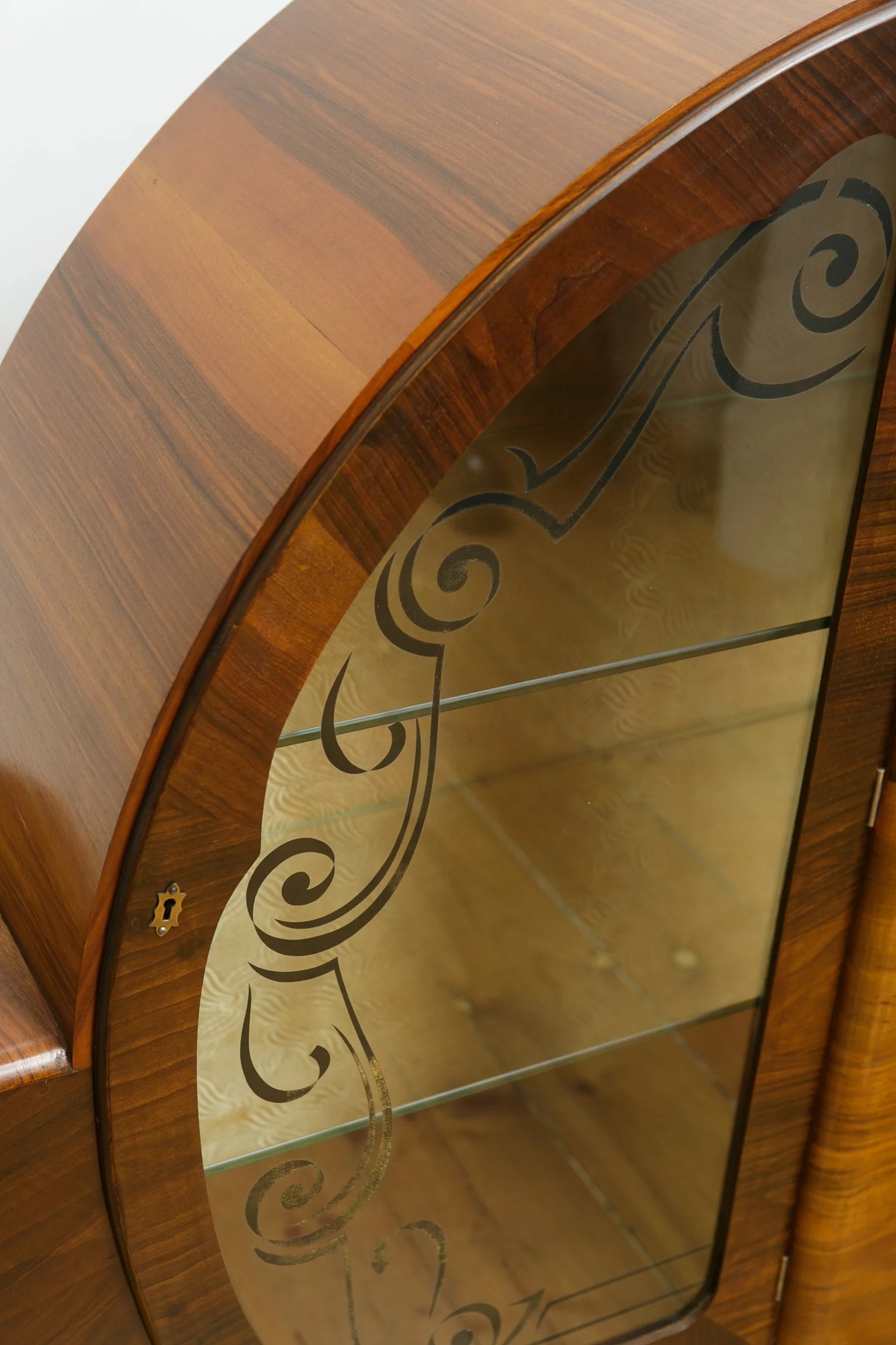 1930s Art Deco walnut veneer circular display cabinet