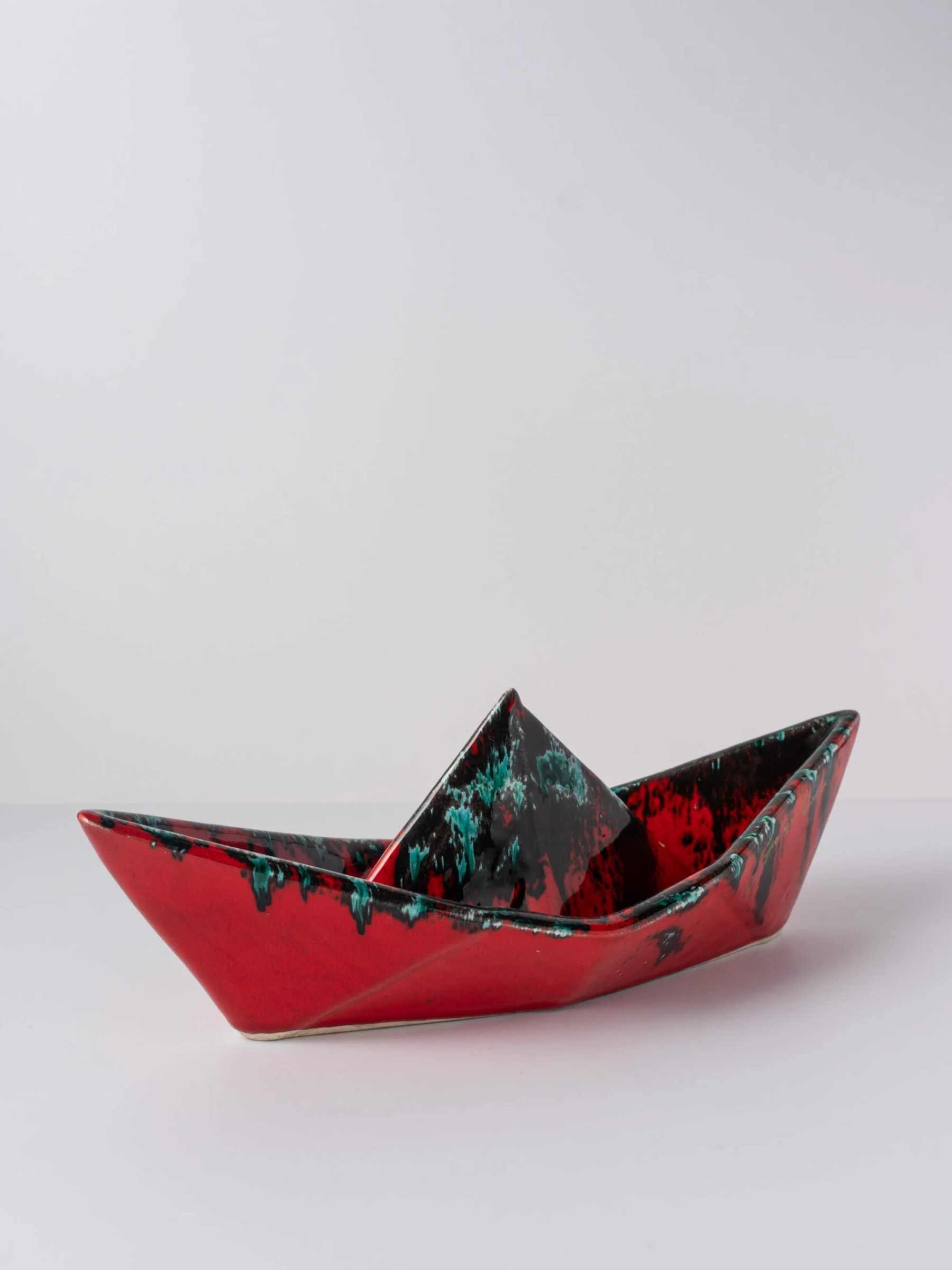 1960s ‘Fat Lava’ red, black & turquoise glazed ceramic boat