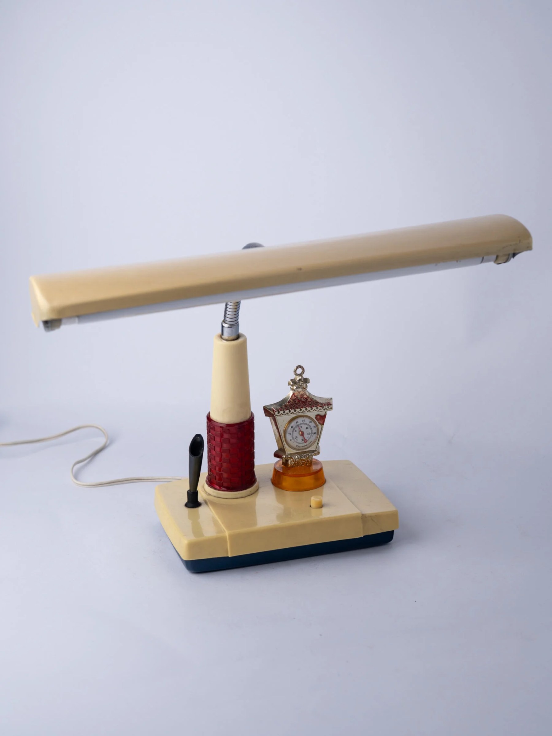 1960s Mid-Century Modern desk lamp with pen holder and barometer