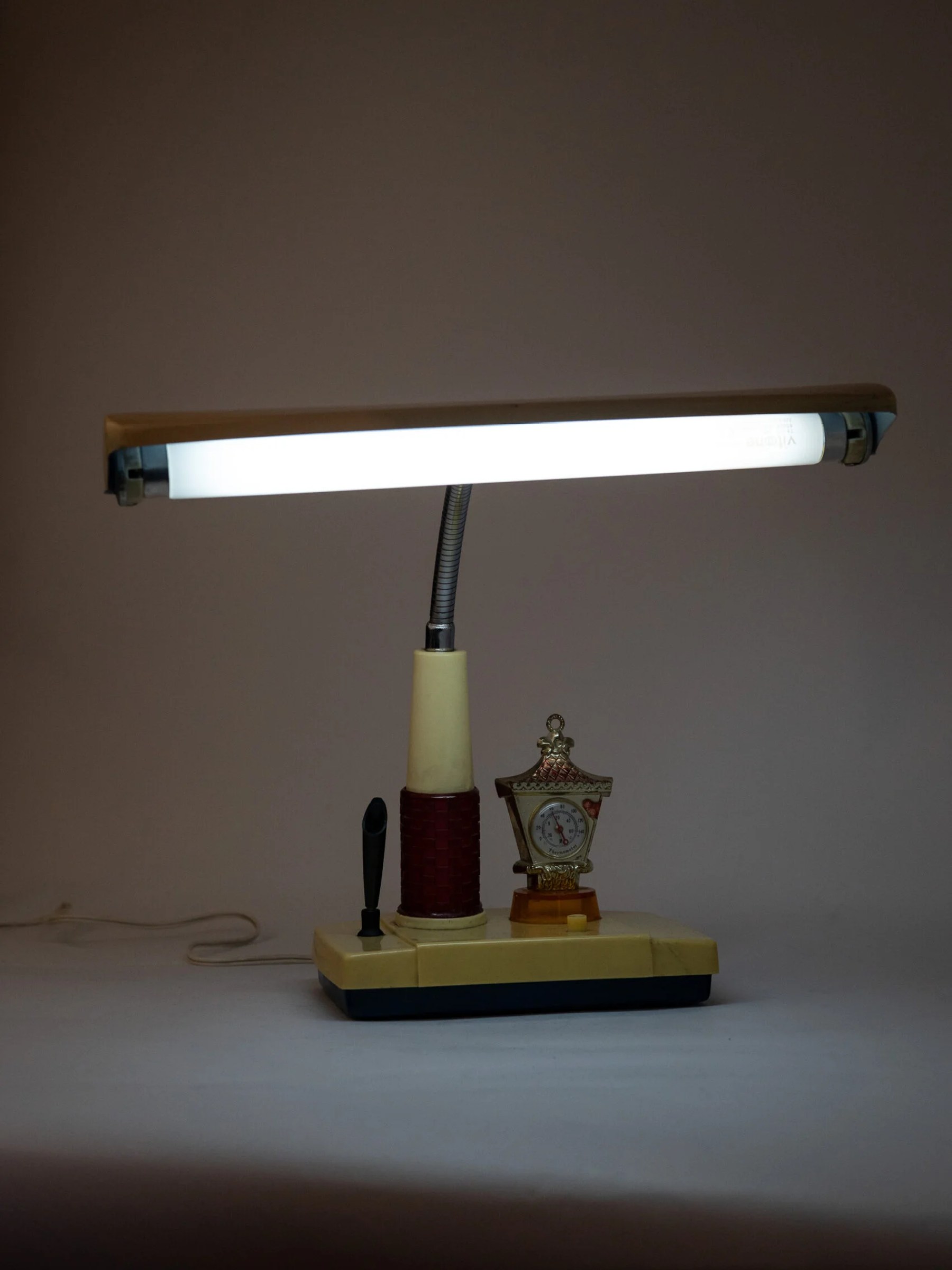 1960s Mid-Century Modern desk lamp with pen holder and barometer