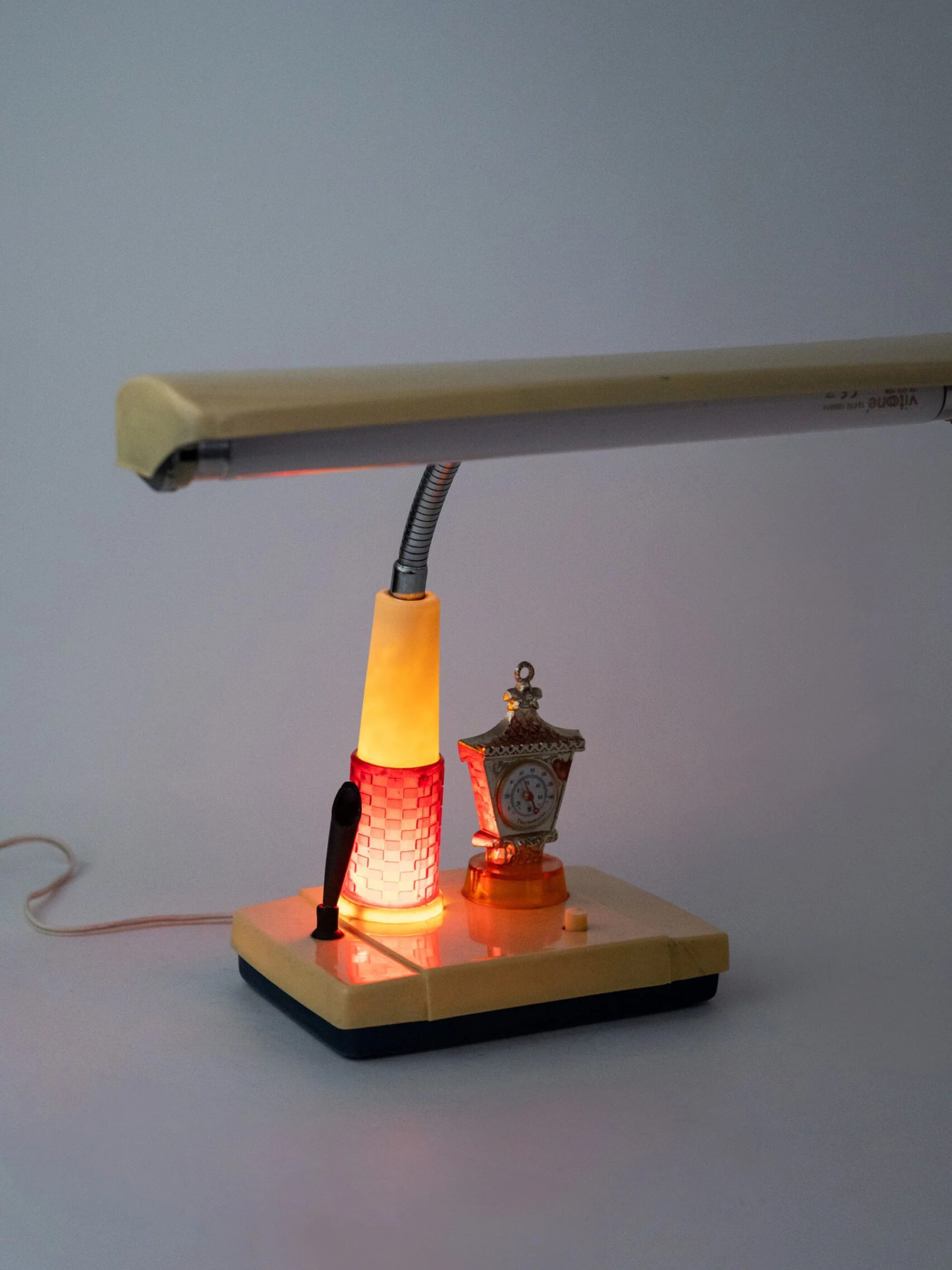 1960s Mid-Century Modern desk lamp with pen holder and barometer