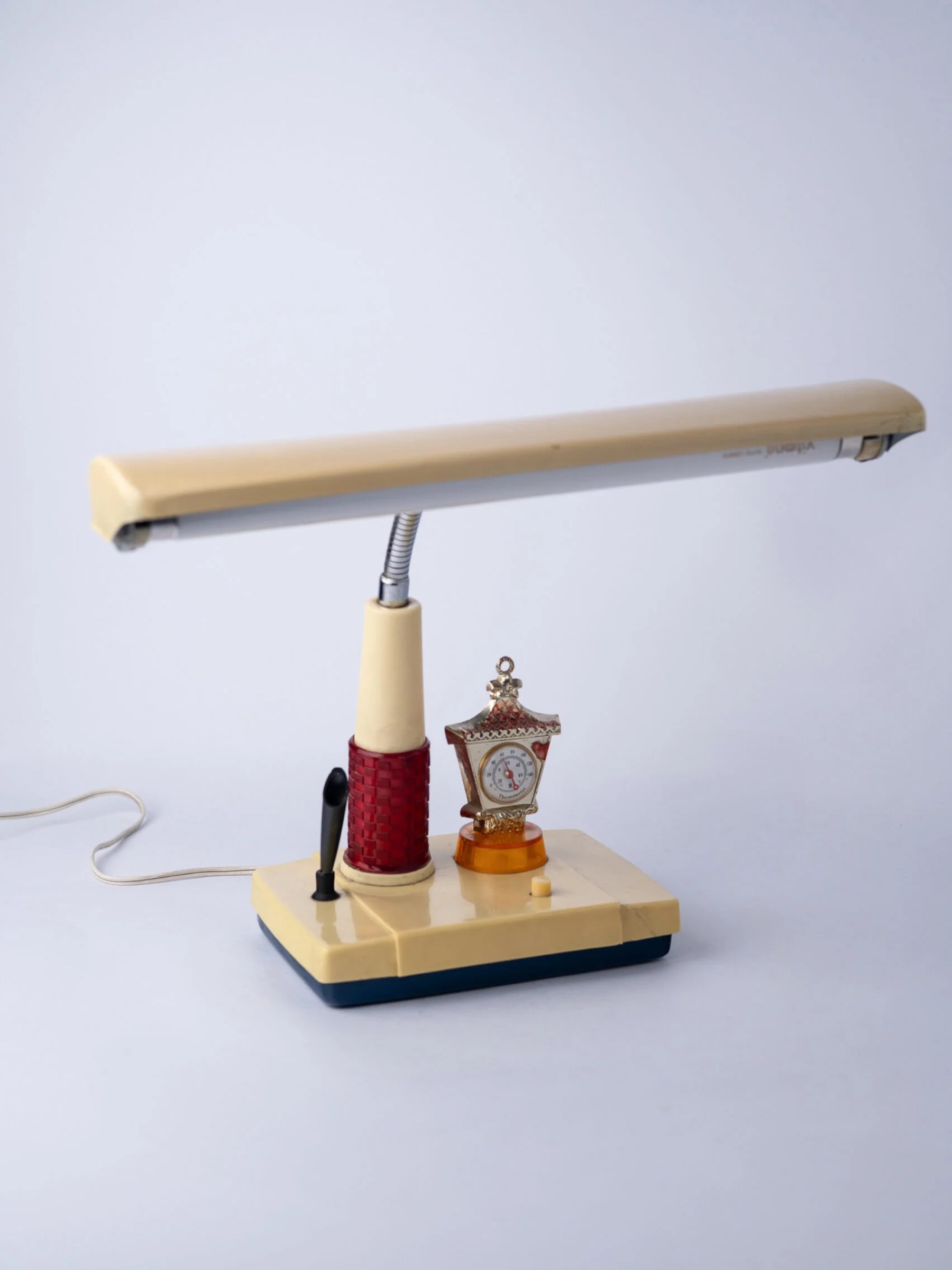 1960s Mid-Century Modern desk lamp with pen holder and barometer