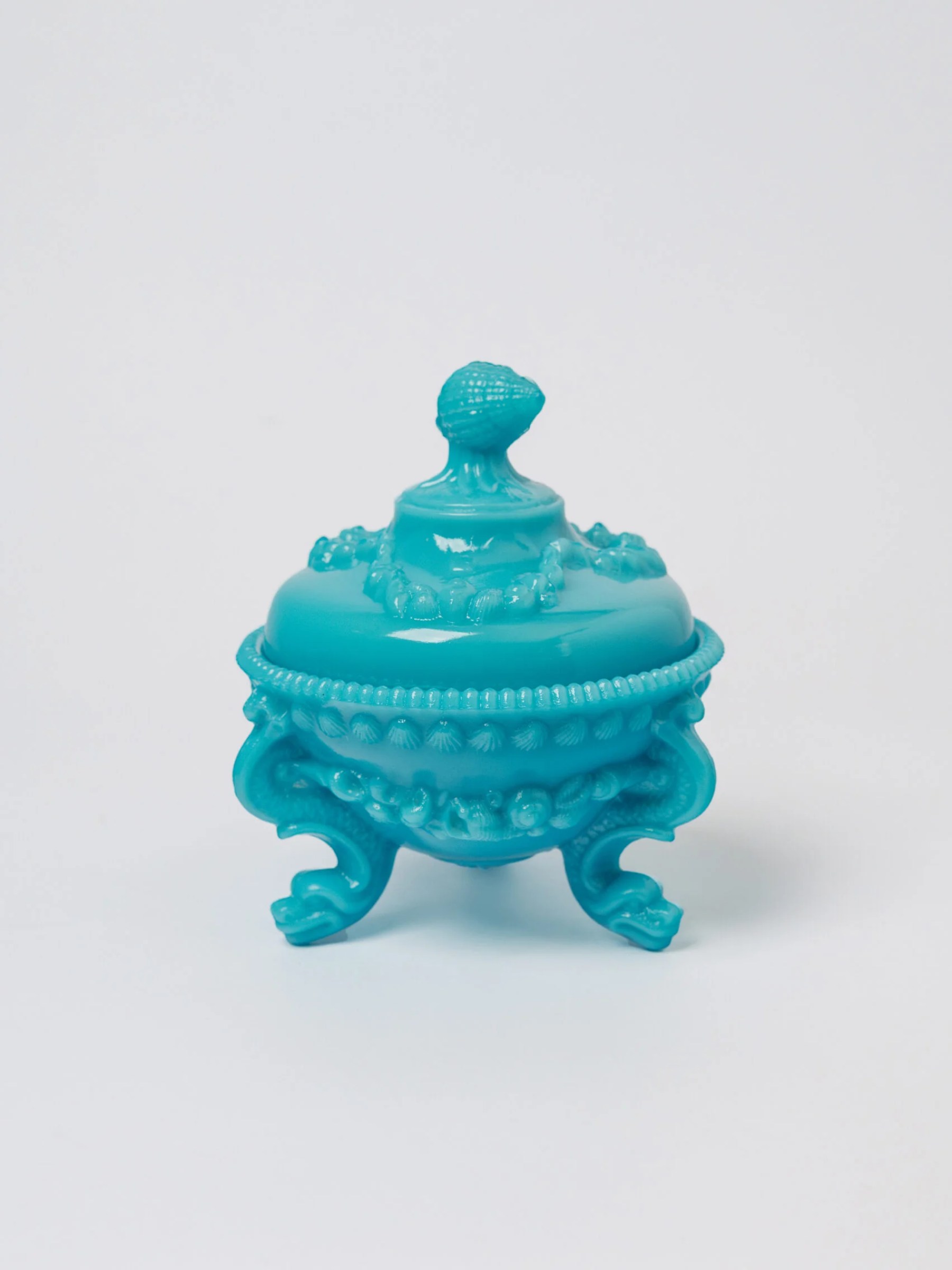 Vintage ‘Portieux Vallerysthal’ ‘Shells & Dragons’ aqua blue opaline glass candy dish