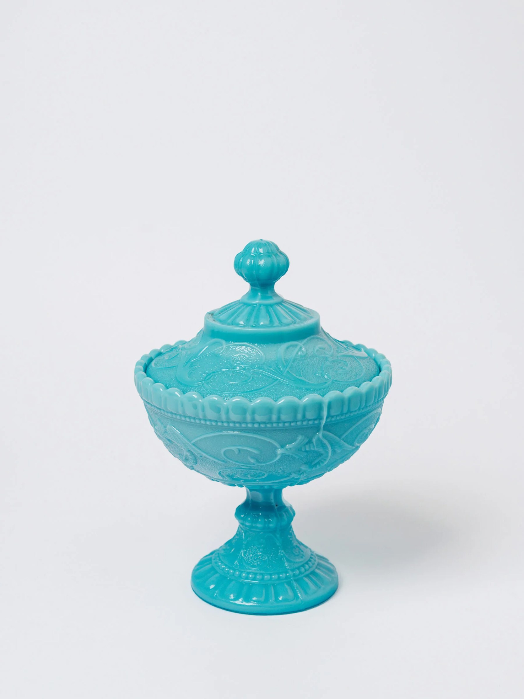 Vintage ‘Portieux Vallerysthal’ aqua blue opaline glass candy dish