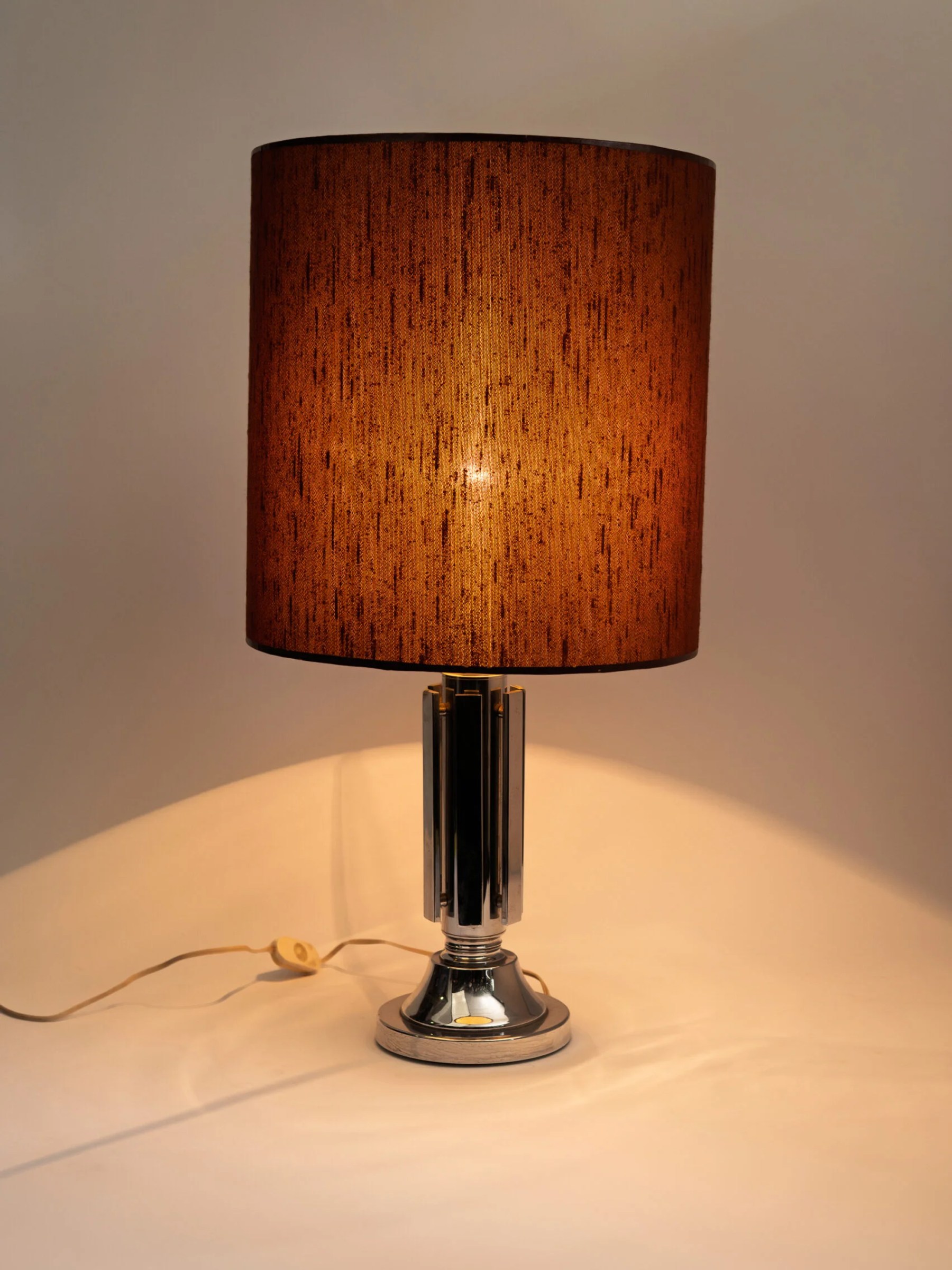 1970s MCM space age chrome table lamp with original shade