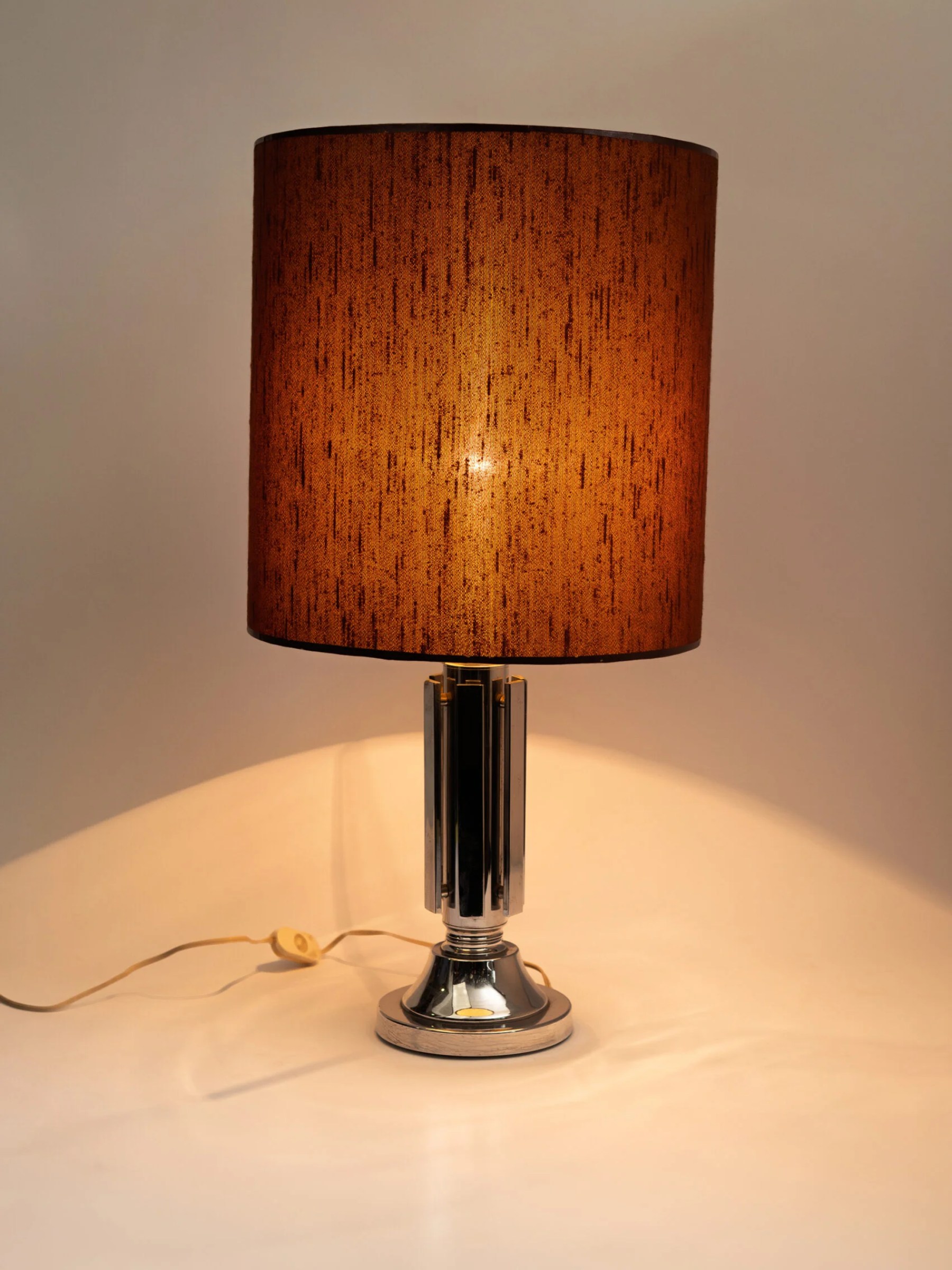 1970s MCM space age chrome table lamp with original shade
