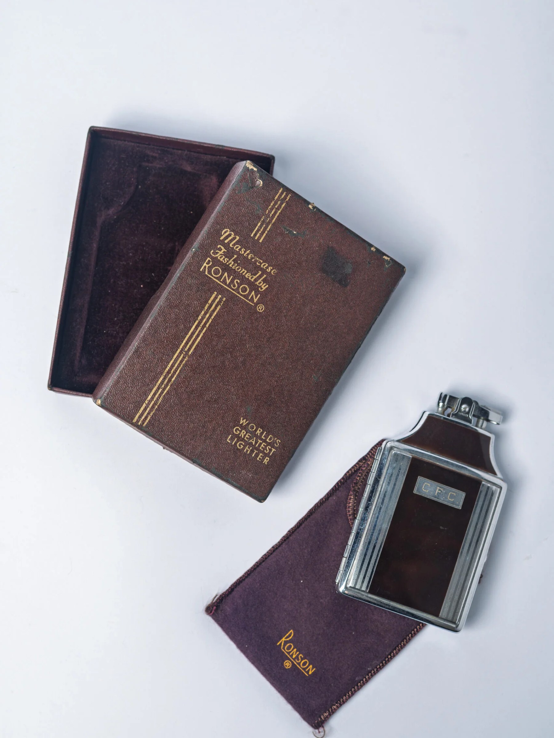 1940s Art Deco ‘RONSON Mastercase’ enamel cigarette case & lighter in original box