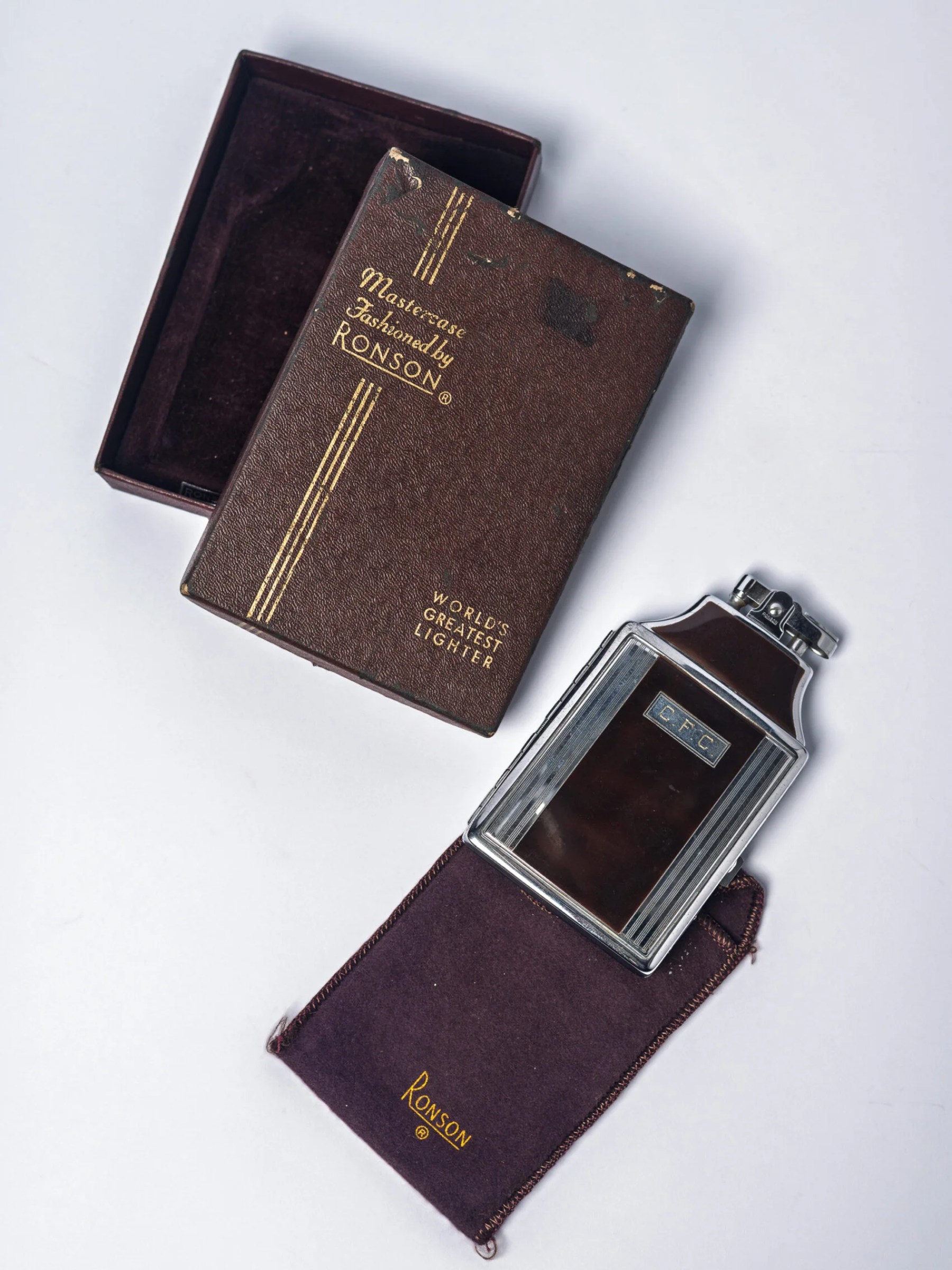 1940s Art Deco ‘RONSON Mastercase’ enamel cigarette case & lighter in original box