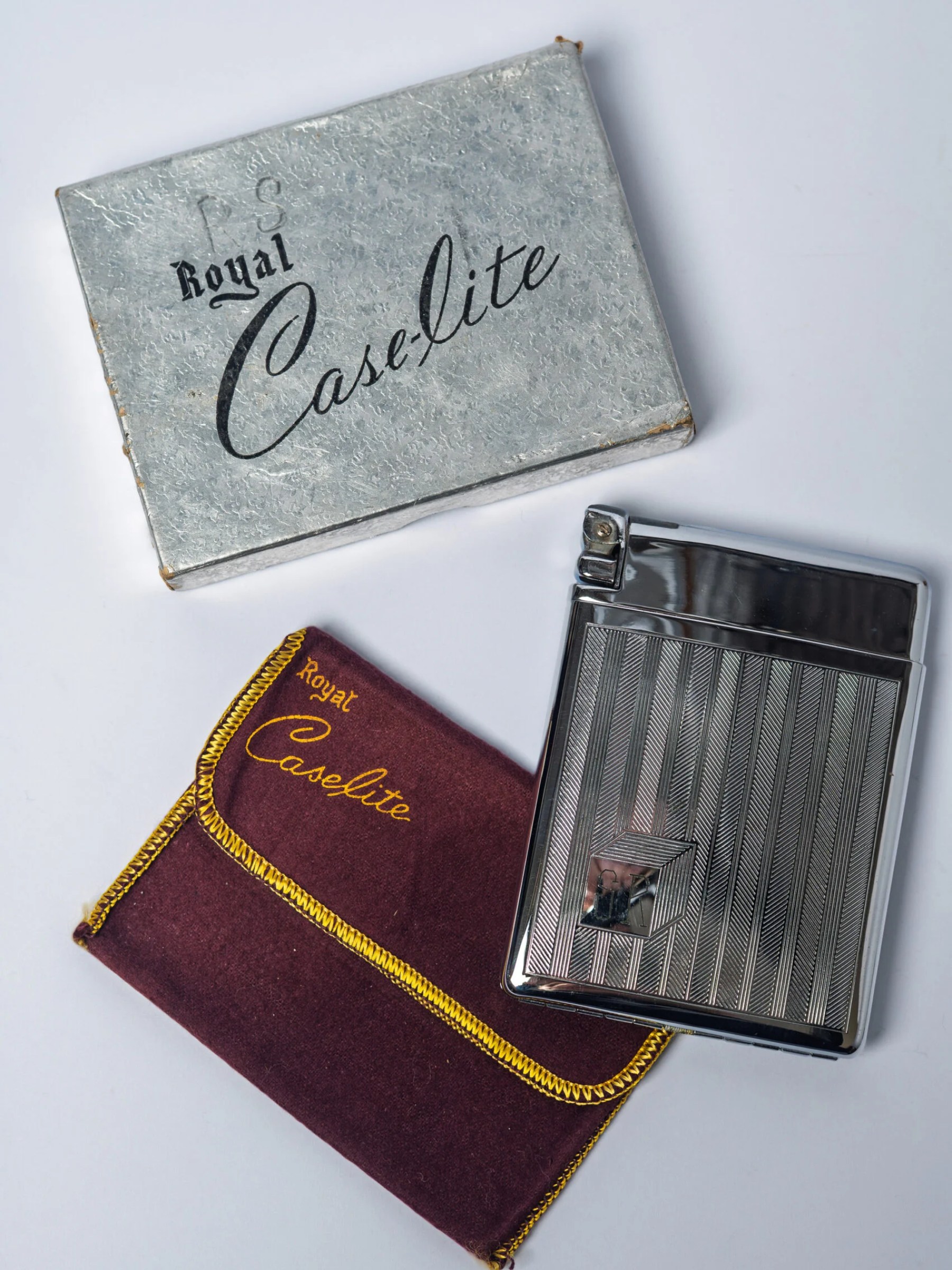 1940s ‘Royal Case-Lite’ chrome cigarette case & lighter in original box