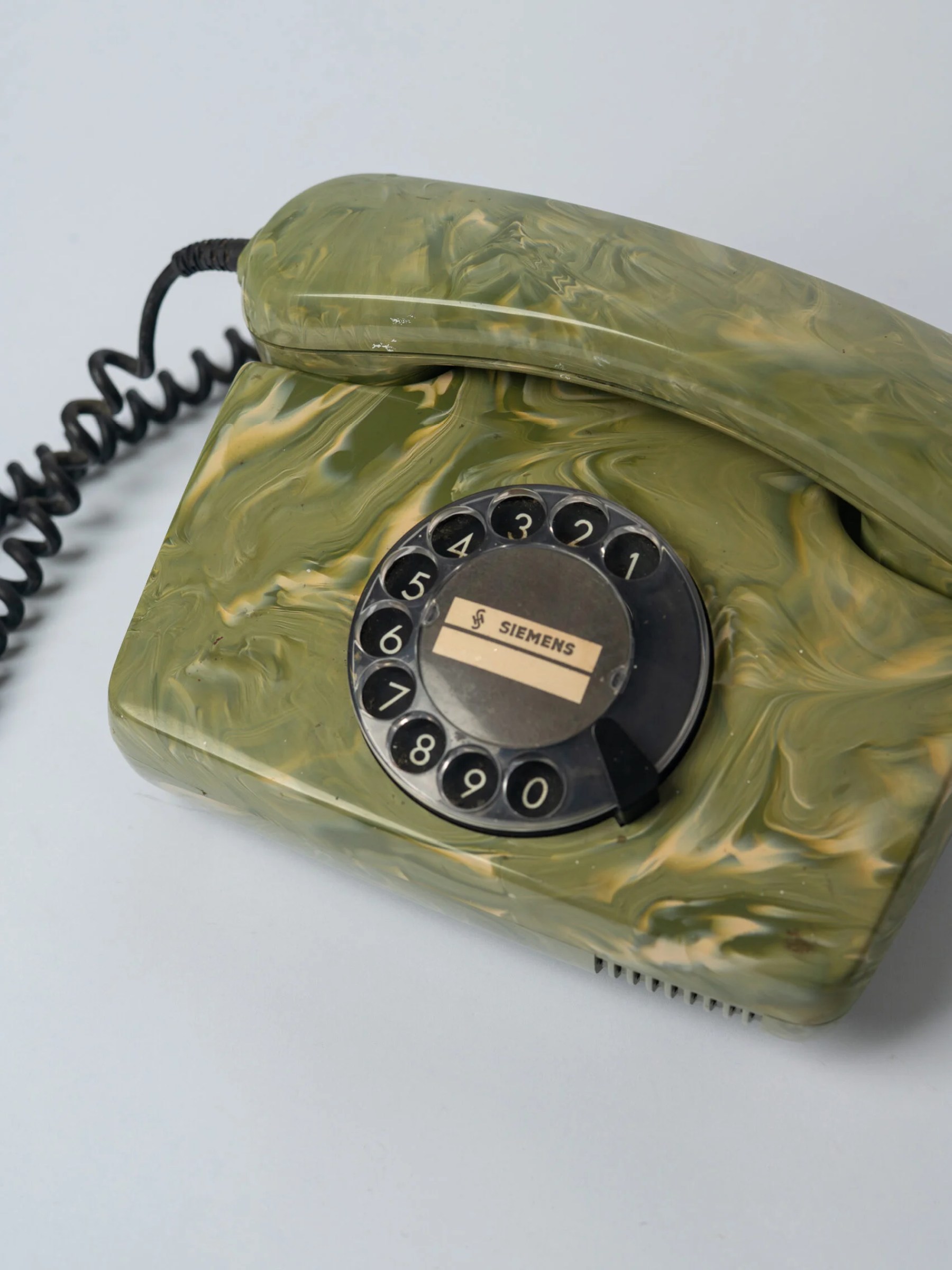 1970s Mid-Century Modern ‘Siemens’ green marble effect plastic rotary telephone