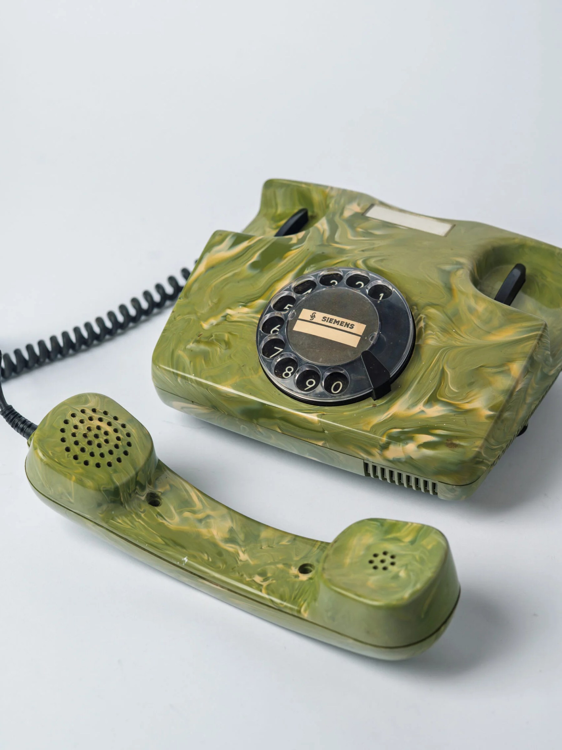 1970s Mid-Century Modern ‘Siemens’ green marble effect plastic rotary telephone