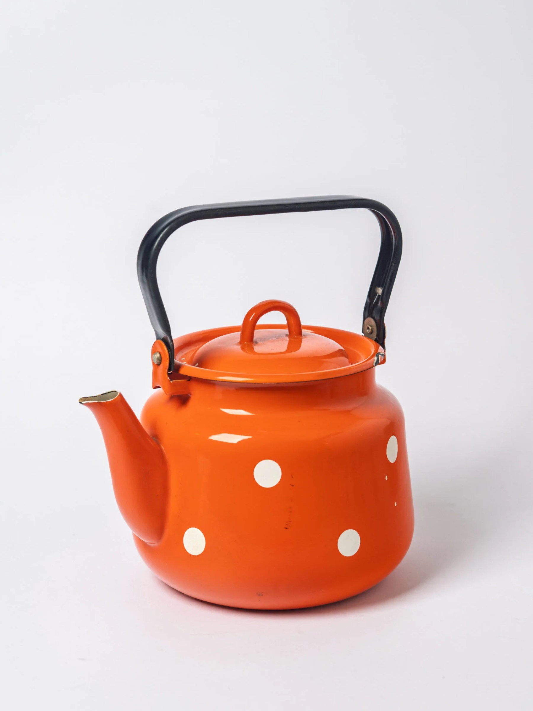 1960s MCM orange-white polka dot enamel kettle | teapot | jug