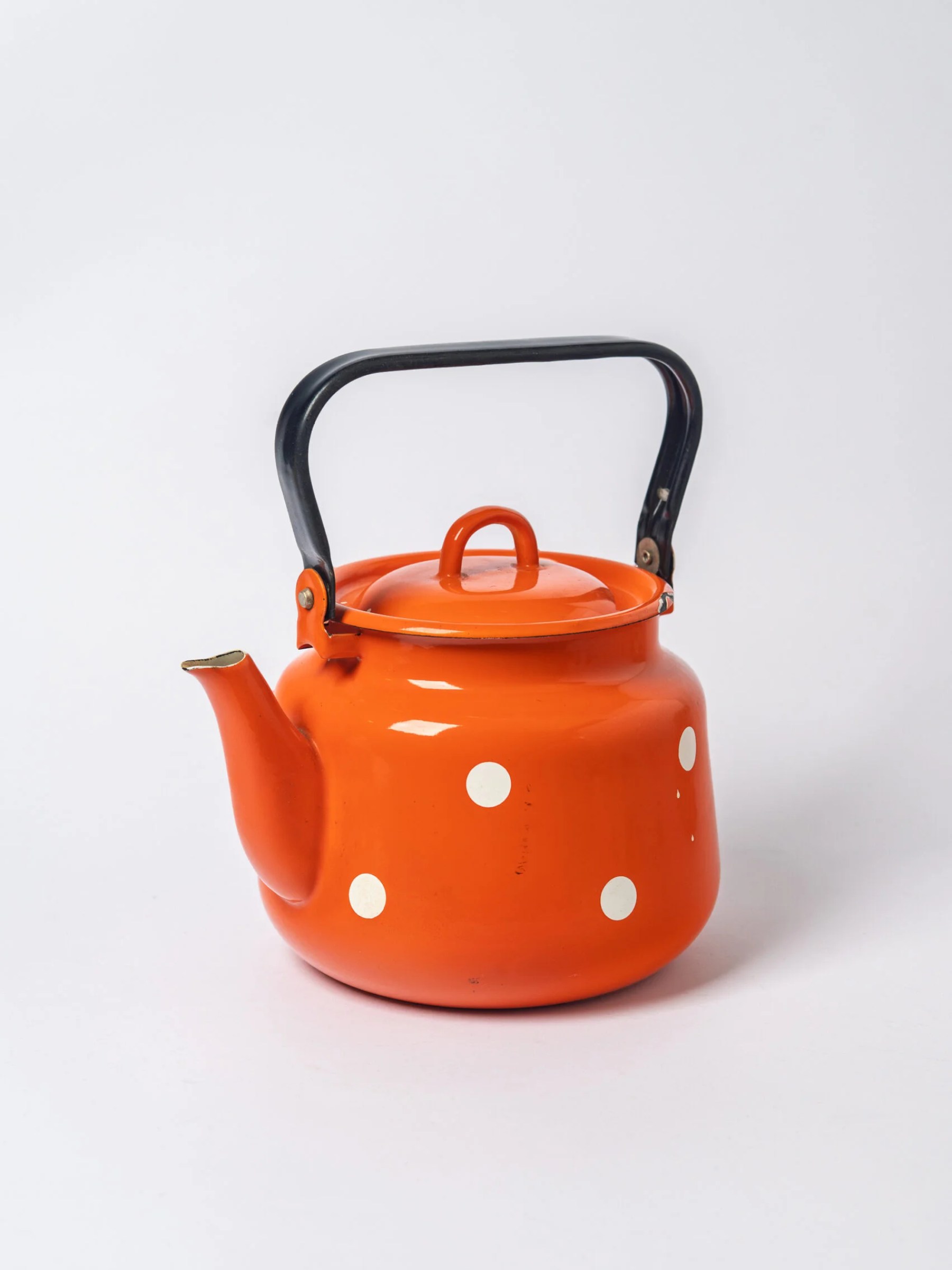 1960s MCM orange-white polka dot enamel kettle | teapot | jug