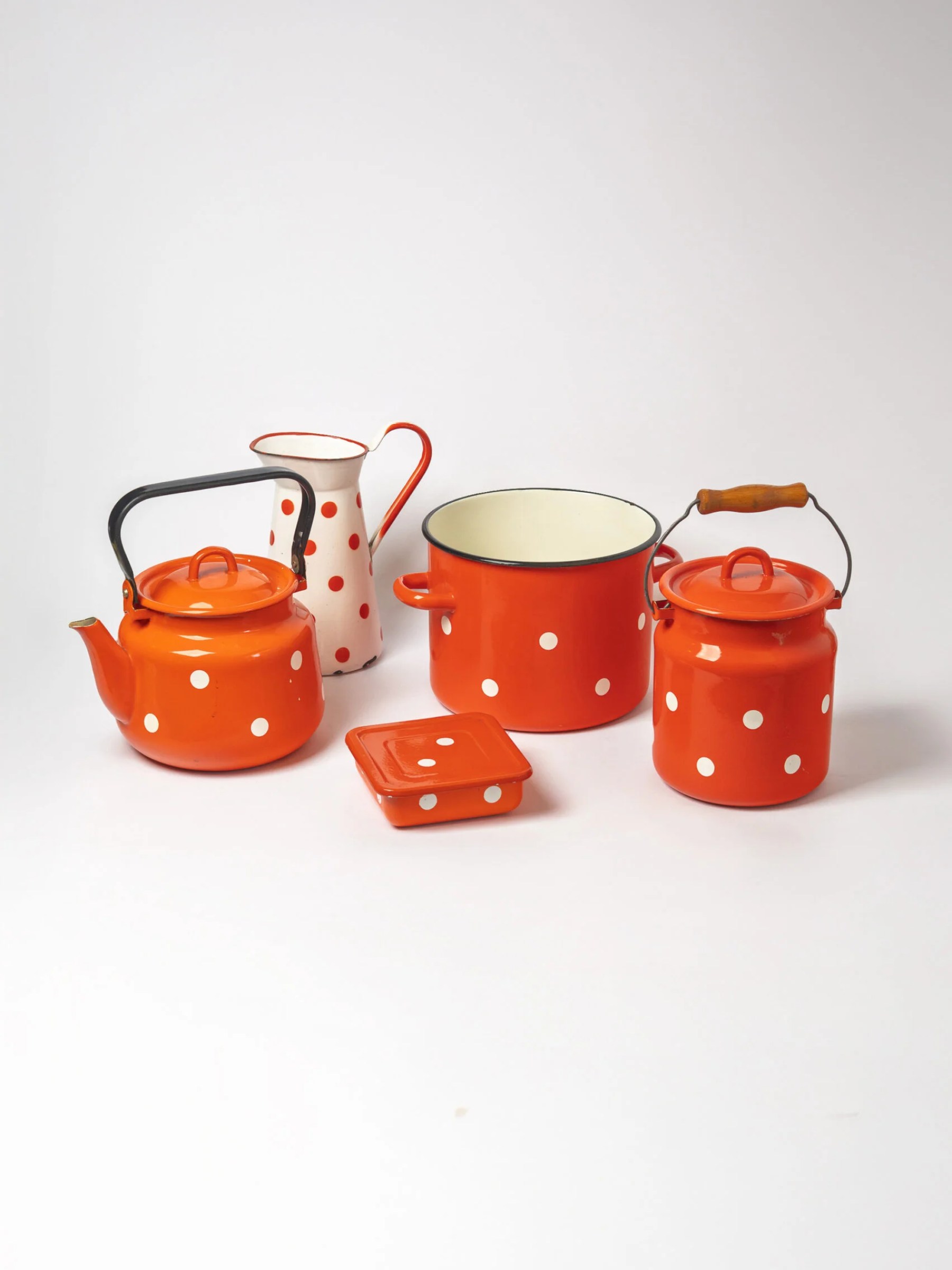 1960s MCM orange-white polka dot enamel kettle | teapot | jug