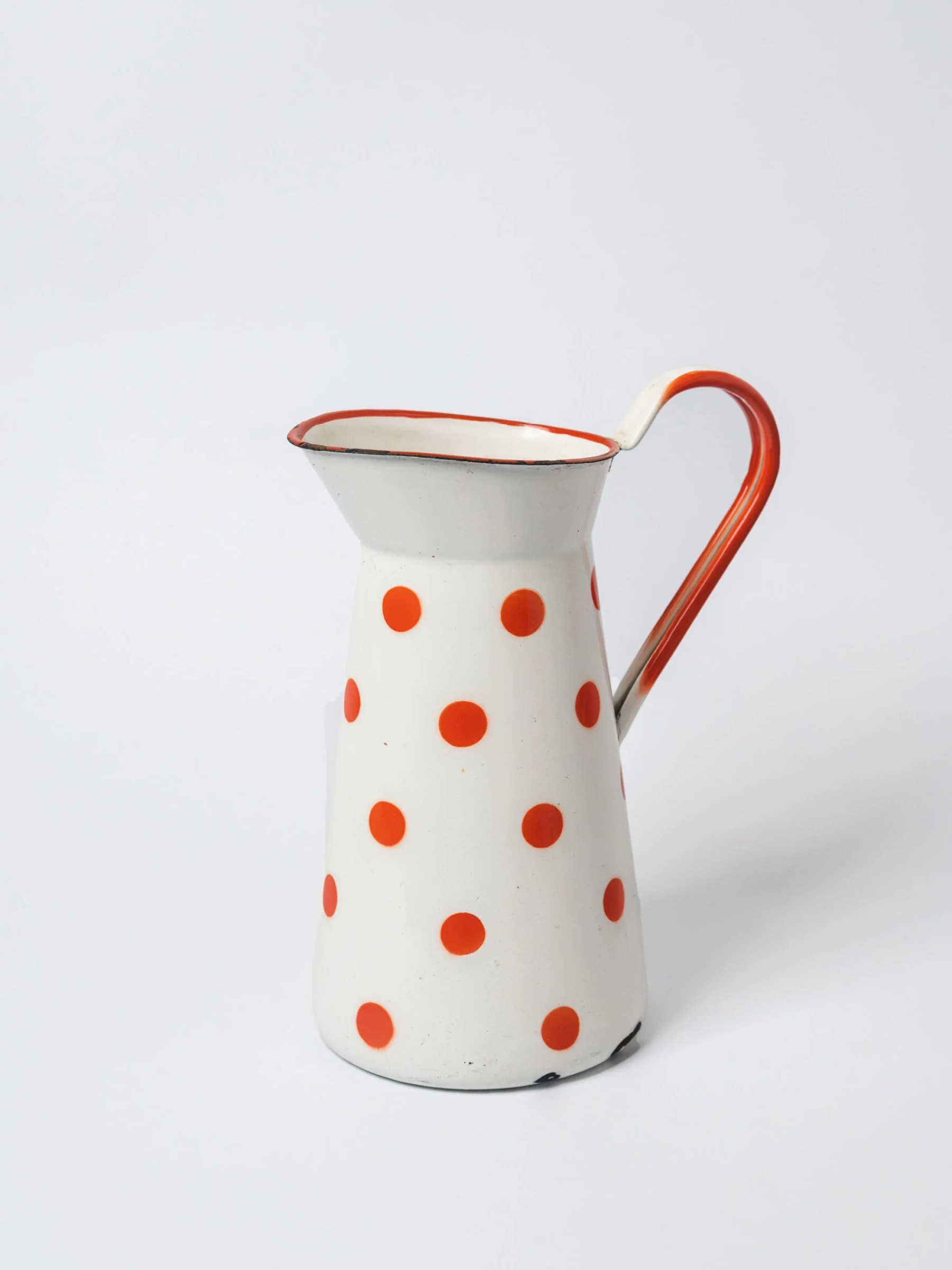1960s MCM white-orange polka dot enamel jug | pitcher