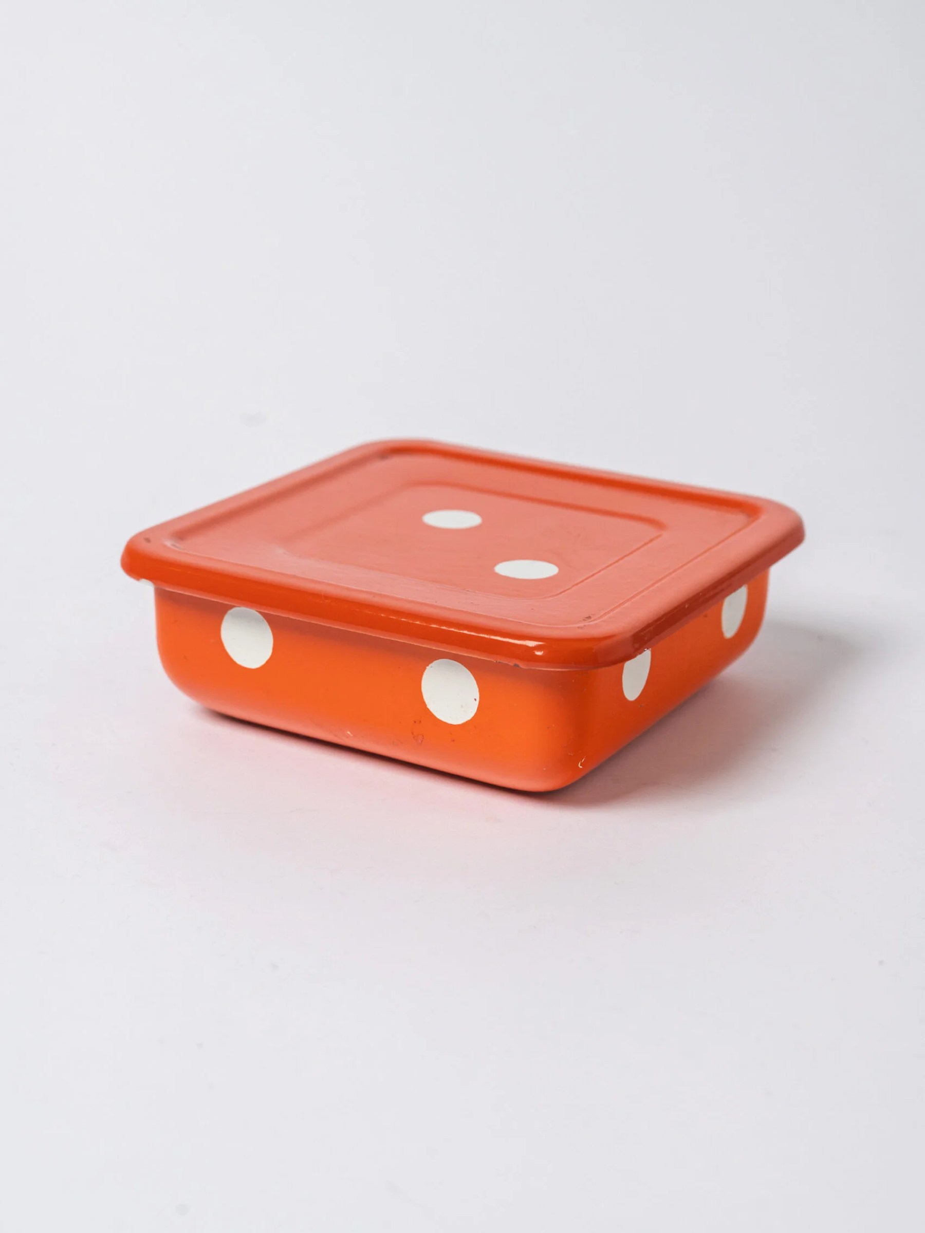 1960s MCM orange-white polka dot enamel container