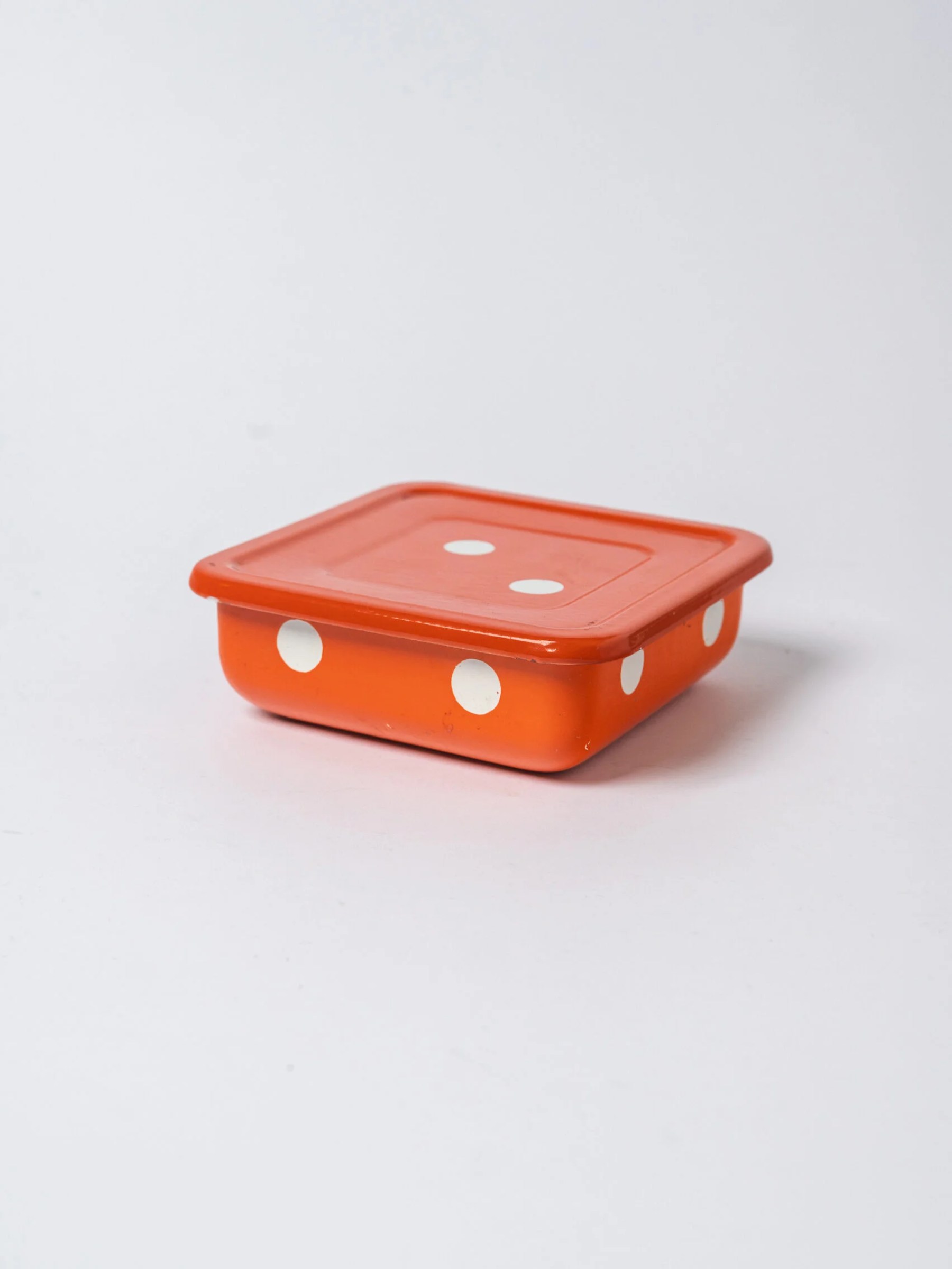 1960s MCM orange-white polka dot enamel container