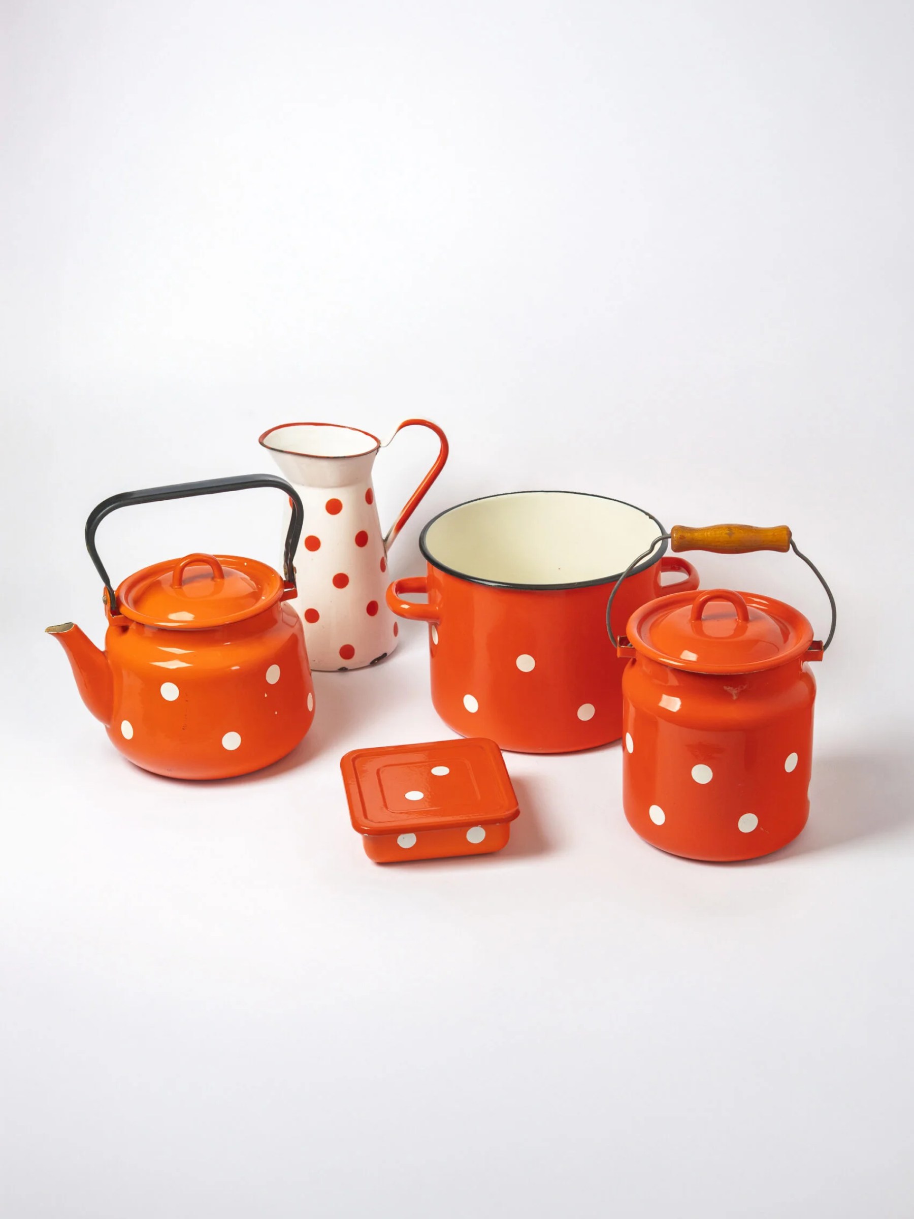 1960s MCM orange-white polka dot enamel container