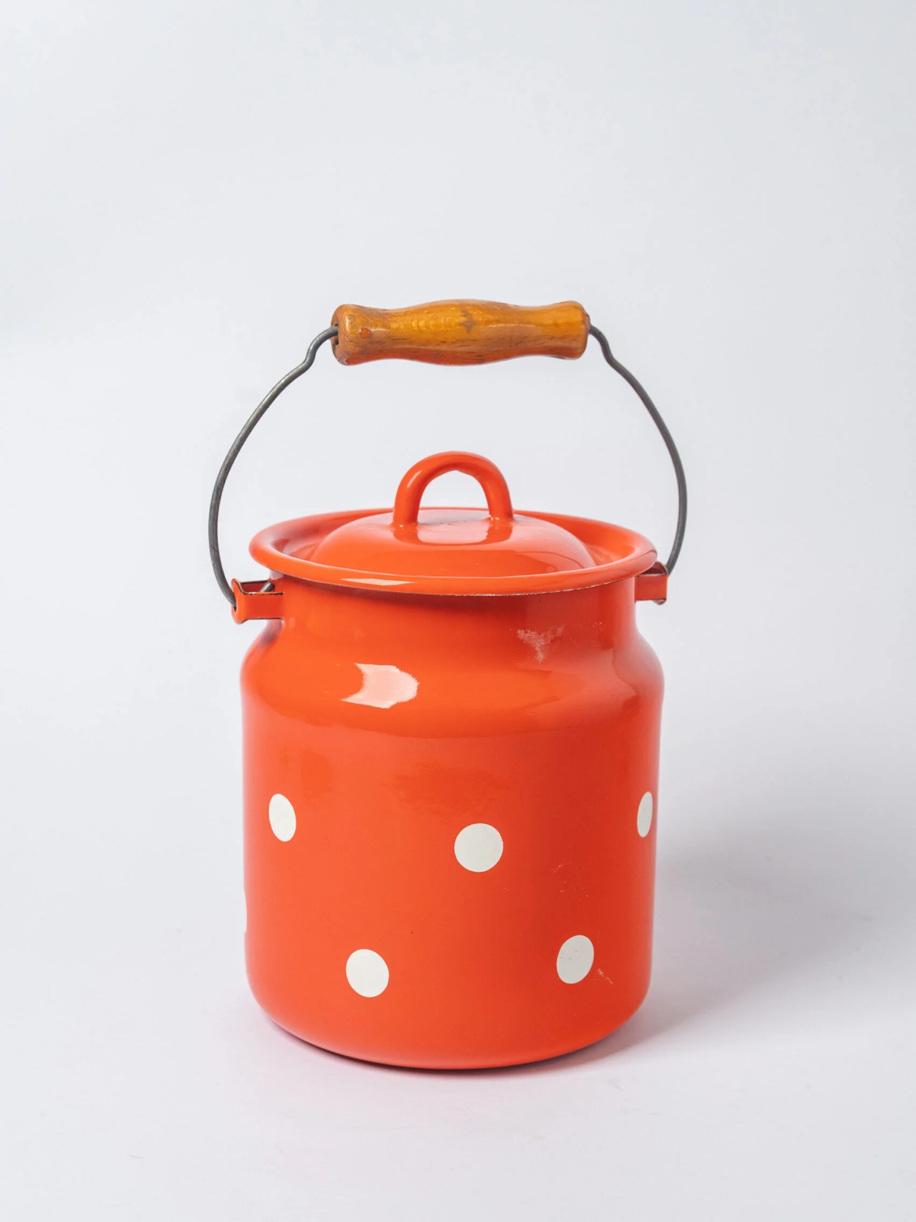 1960s MCM orange-white polka dot enamel food container