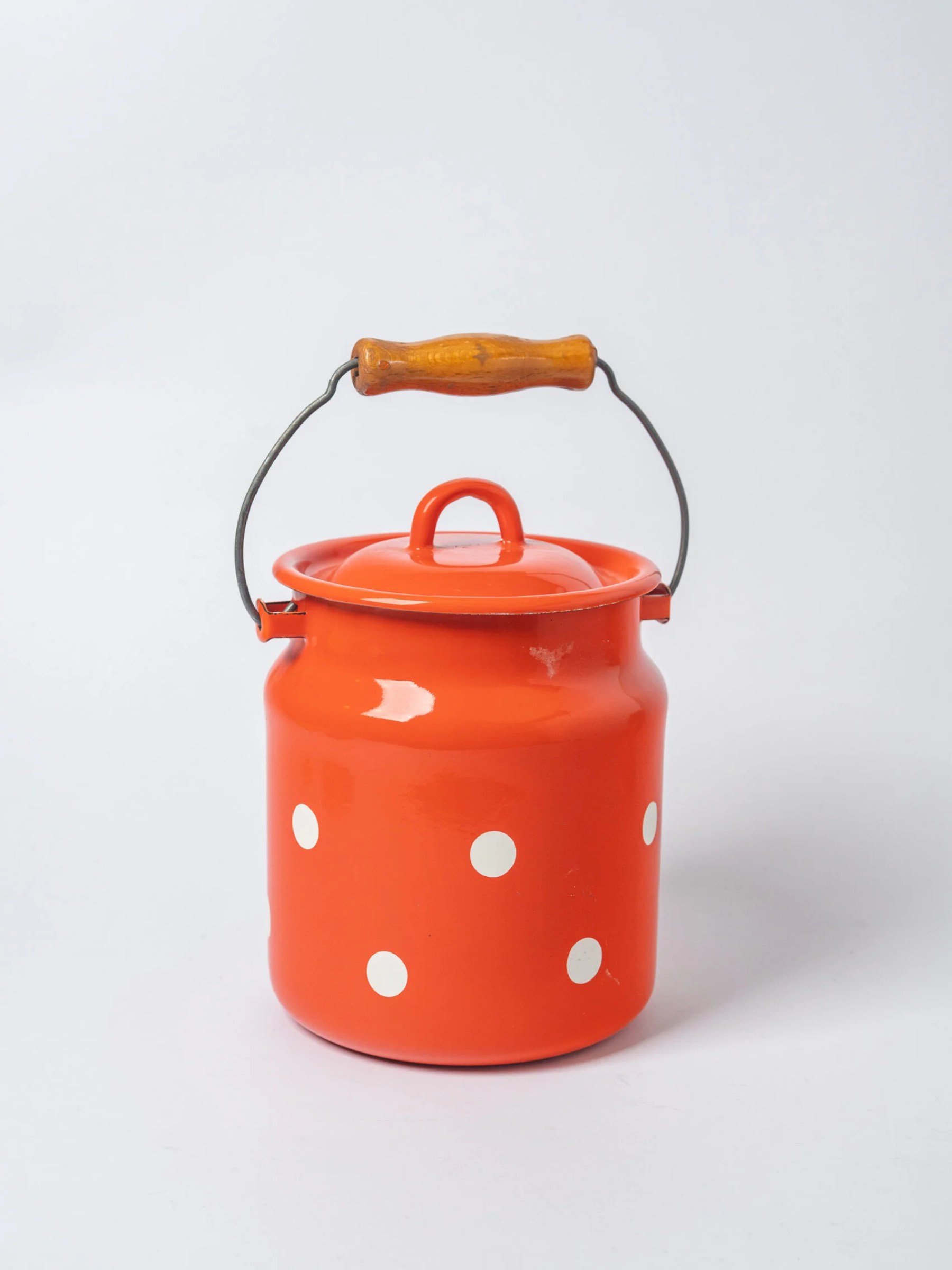 1960s MCM orange-white polka dot enamel food container