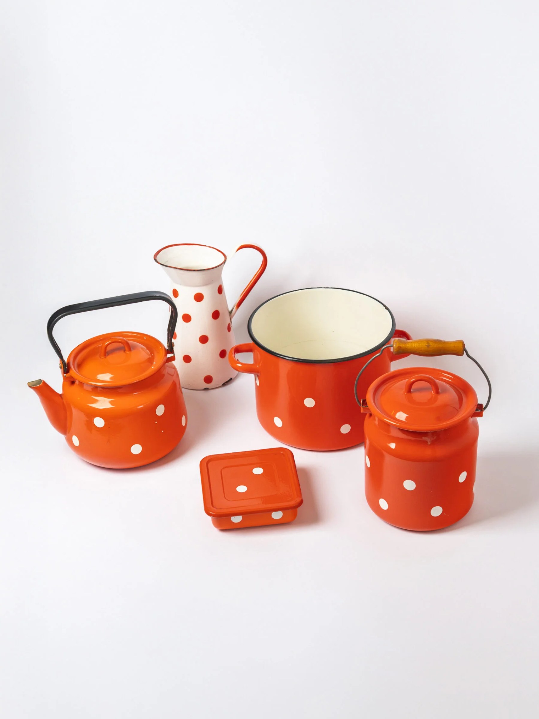 1960s MCM orange-white polka dot enamel food container