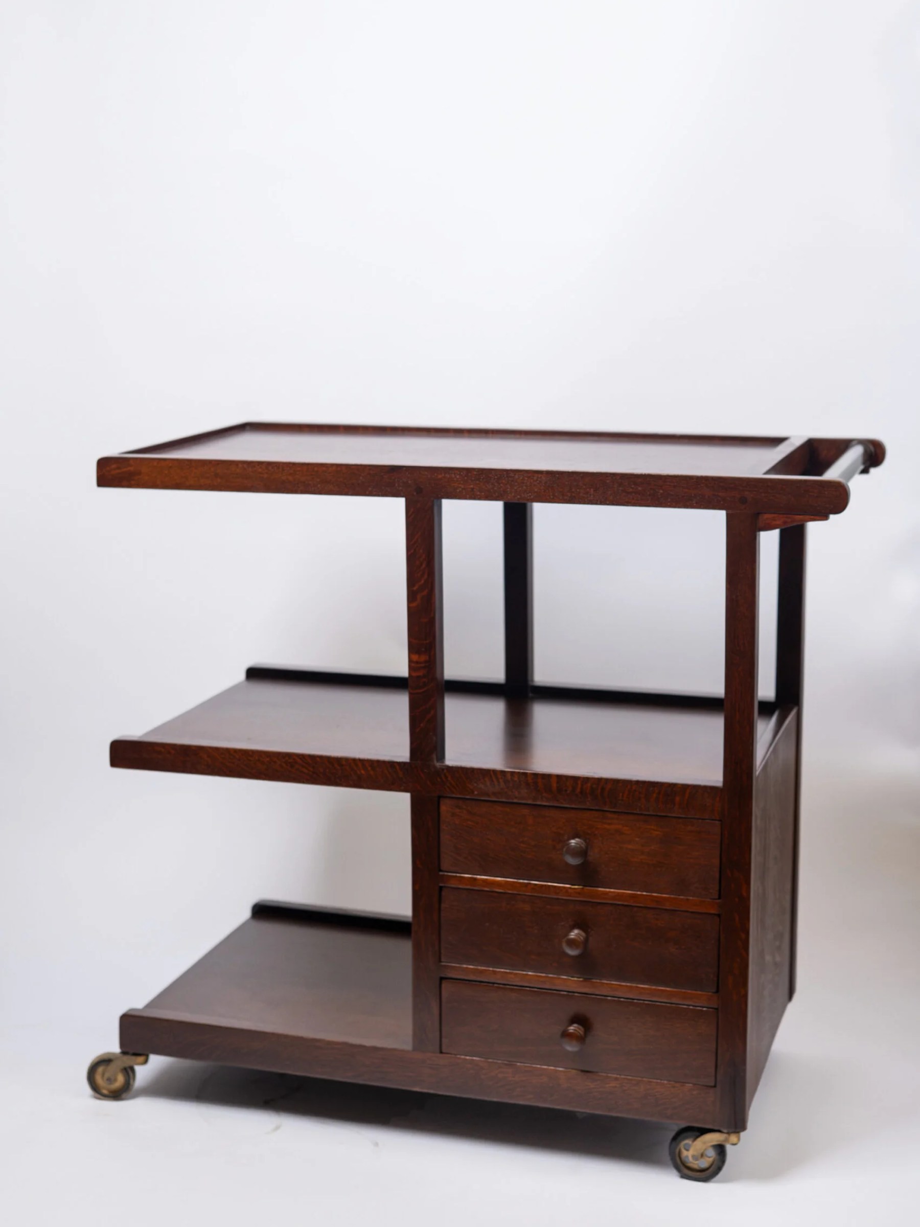 1930s stunning Art Deco oak bar trolley with glass handle