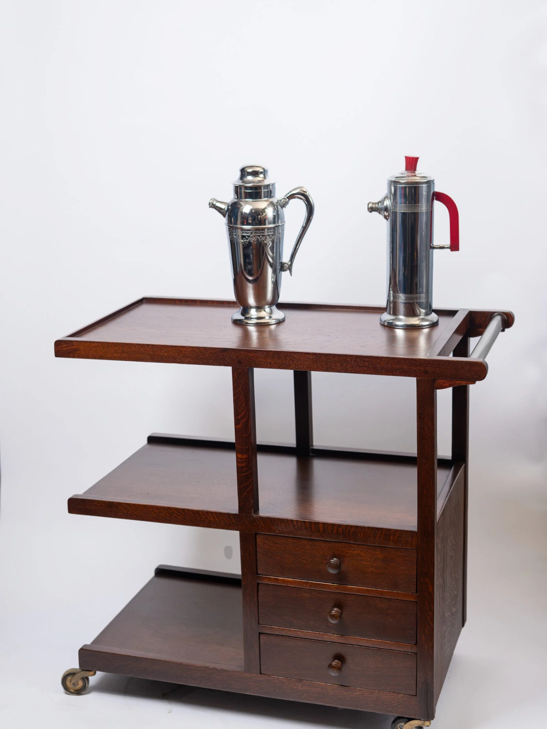 1930s stunning Art Deco oak bar trolley with glass handle