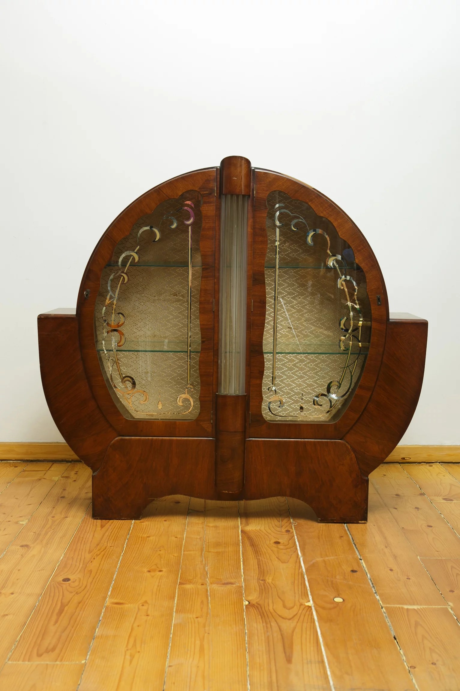 1930s Art Deco walnut veneer circular display cabinet