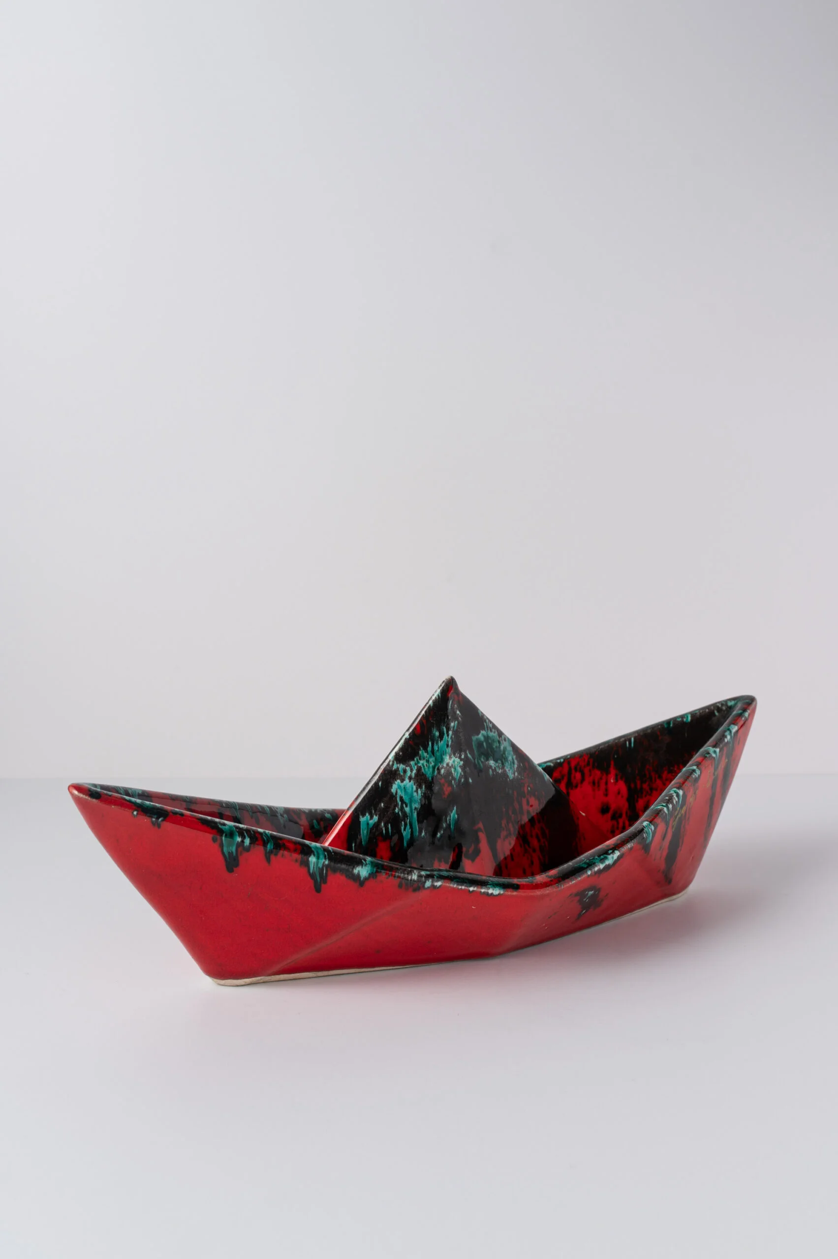 1960s ‘Fat Lava’ red, black & turquoise glazed ceramic boat