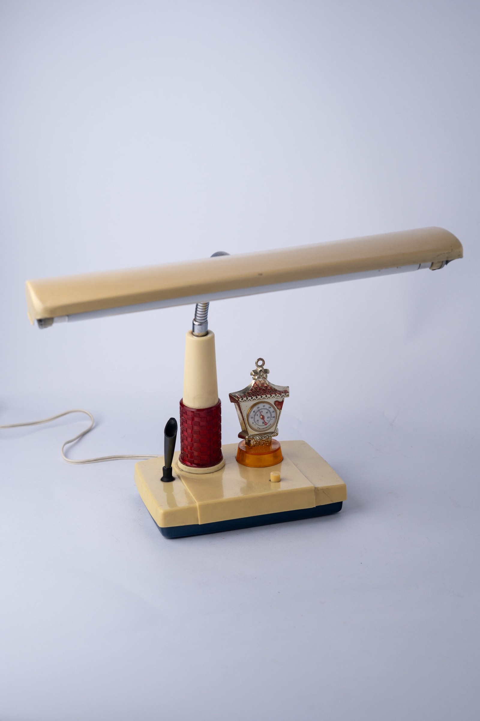 1960s Mid-Century Modern desk lamp with pen holder and barometer