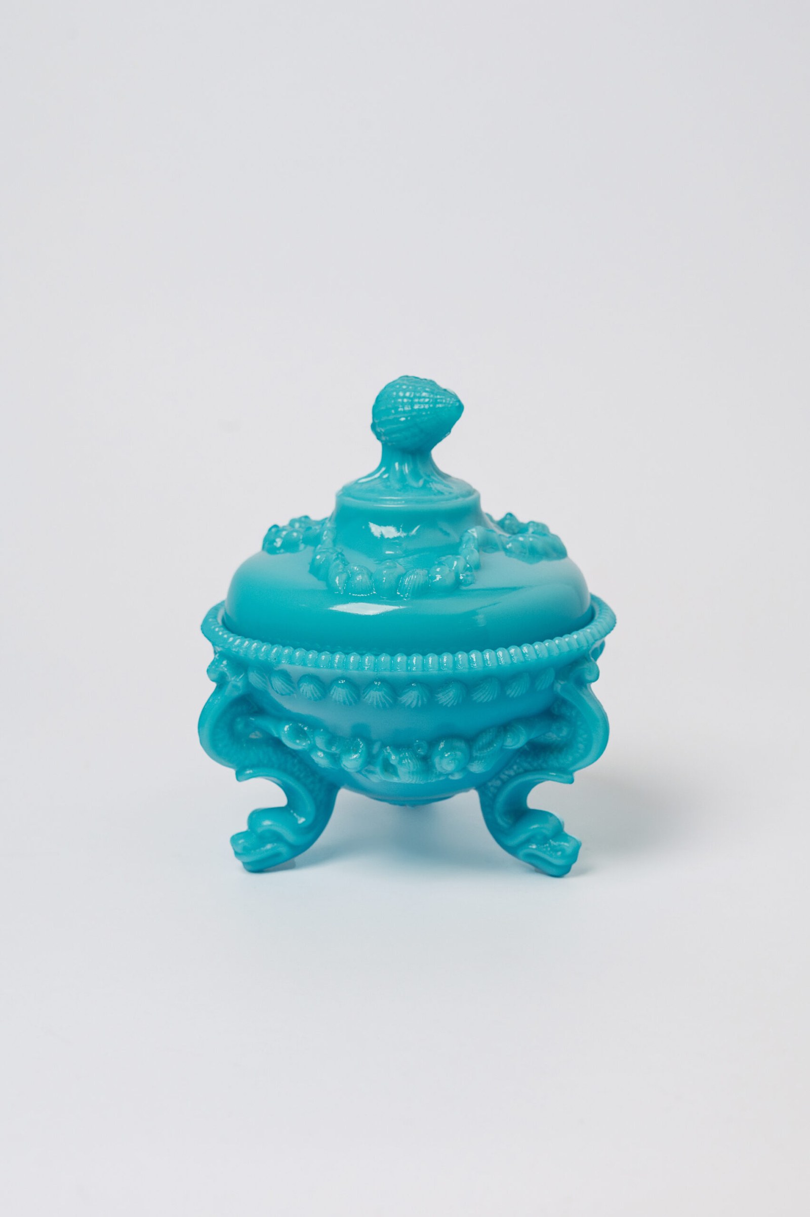 Vintage ‘Portieux Vallerysthal’ ‘Shells & Dragons’ aqua blue opaline glass candy dish