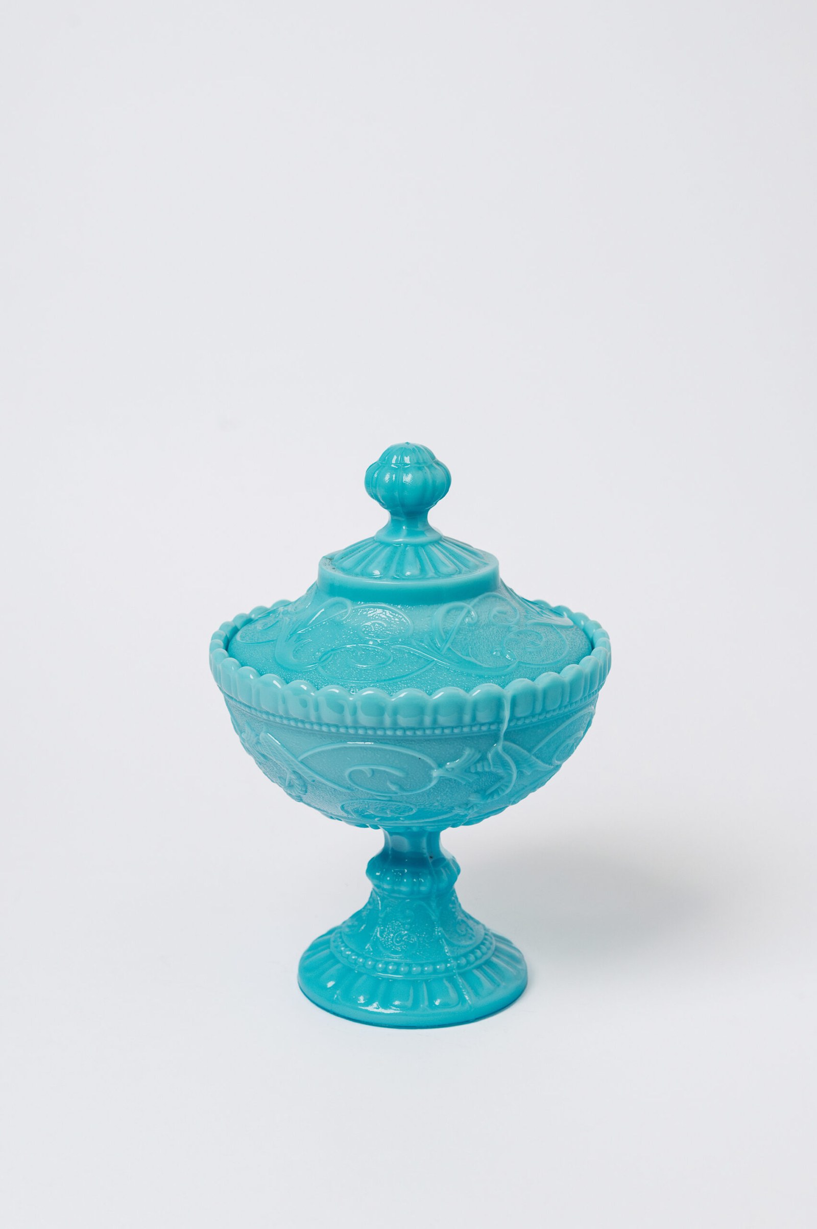 Vintage ‘Portieux Vallerysthal’ aqua blue opaline glass candy dish