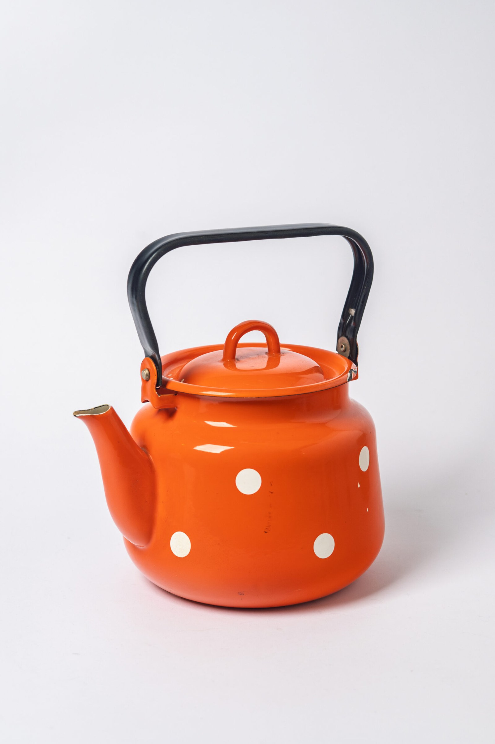 1960s MCM orange-white polka dot enamel kettle | teapot | jug