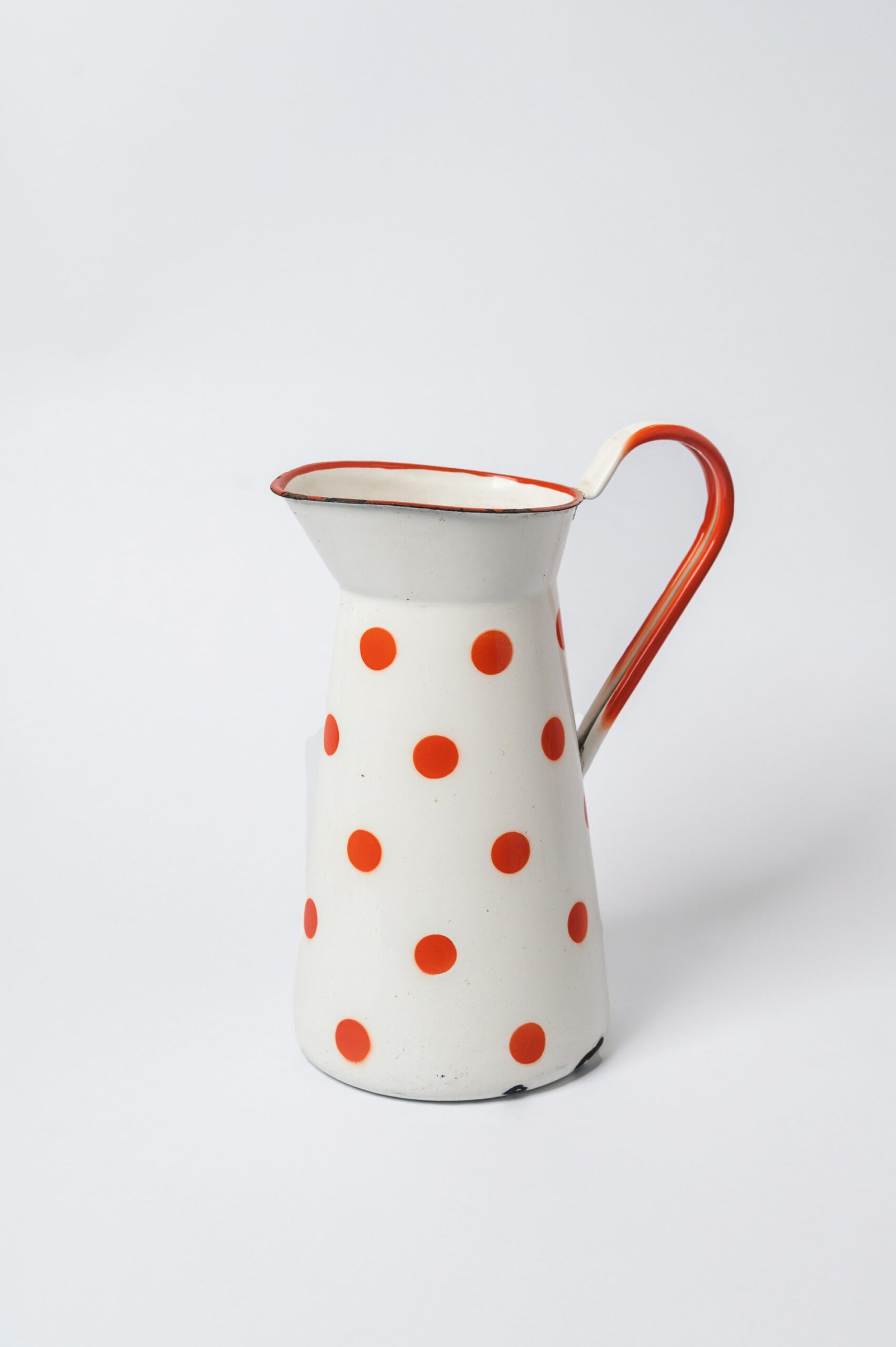 1960s MCM white-orange polka dot enamel jug | pitcher