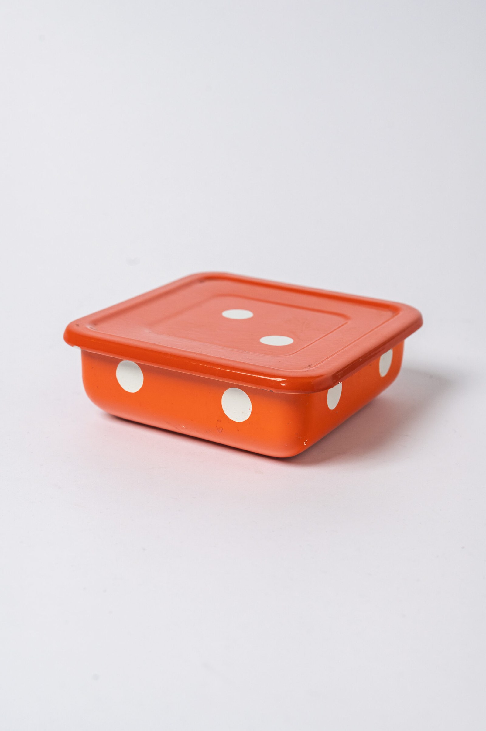 1960s MCM orange-white polka dot enamel container