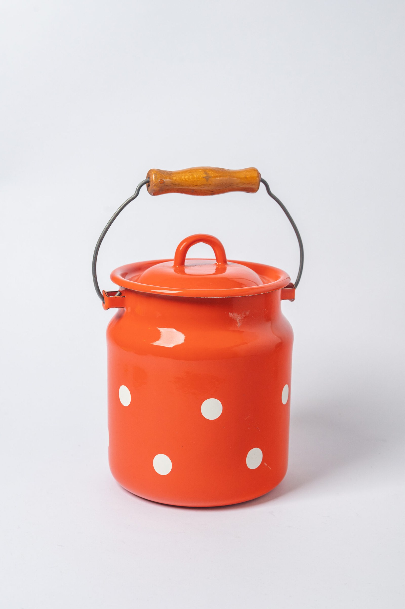 1960s MCM orange-white polka dot enamel food container
