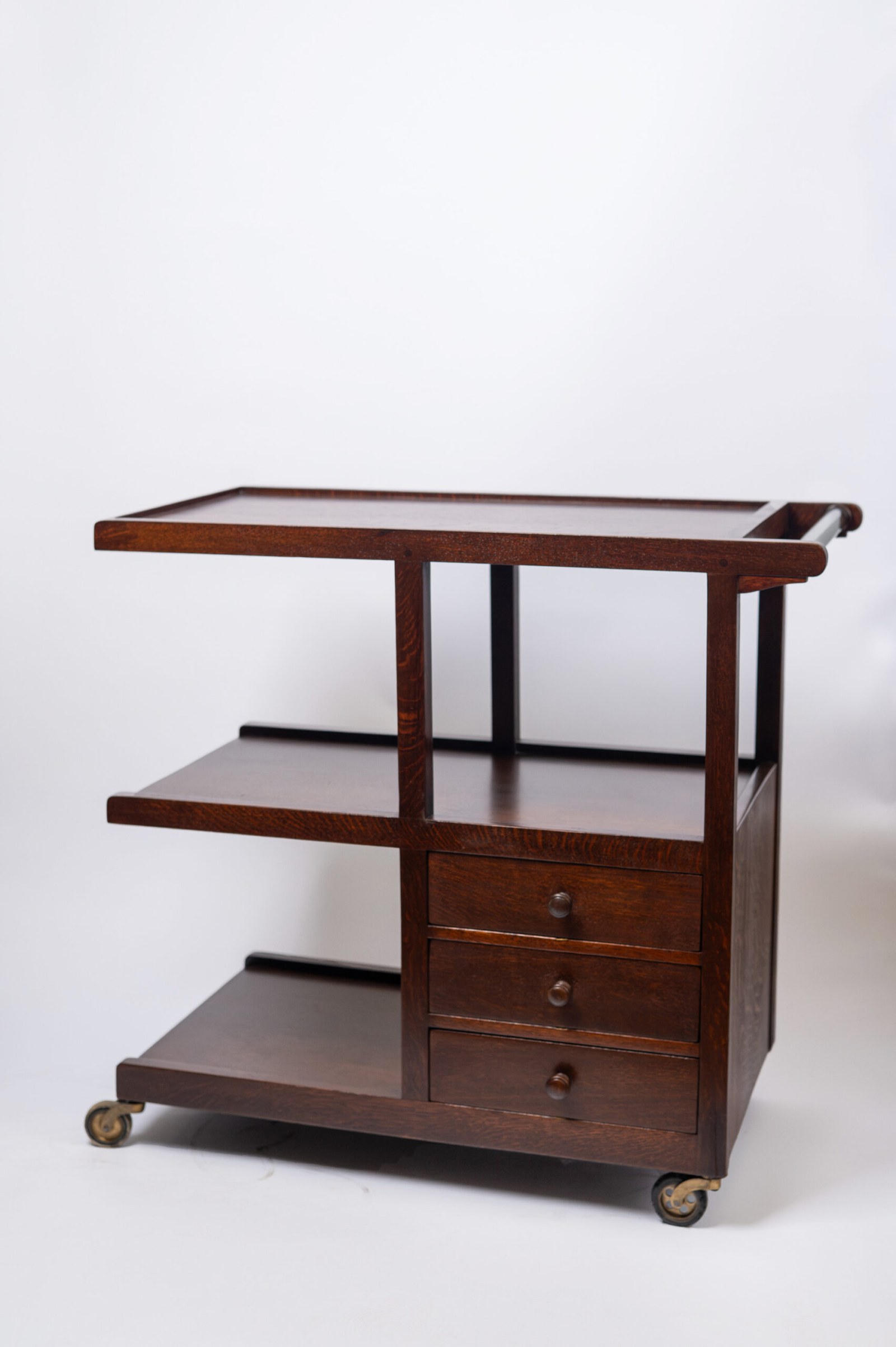 1930s stunning Art Deco oak bar trolley with glass handle